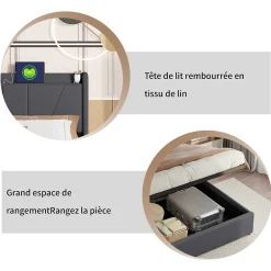 Fortuna lai lit 160x200cm Hauteur 30cm Cadre de lit tapissé avec tête de lit Sommier à Lattes en Bois Gris foncé