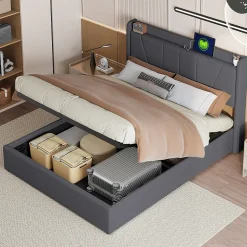 Fortuna lai lit 160x200cm Hauteur 30cm Cadre de lit tapissé avec tête de lit Sommier à Lattes en Bois Gris foncé