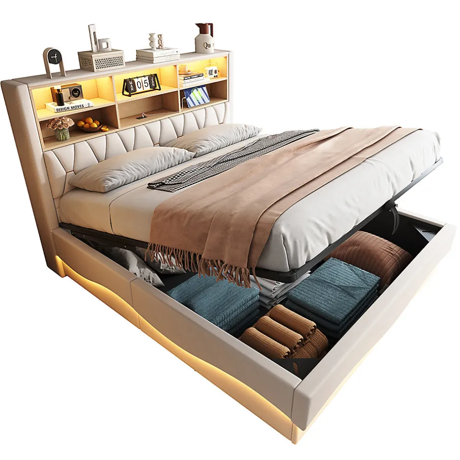 Blackcolors Lit 180x200cm, LED app, USB, rangement hydraulique, sommier lattes, lin beige