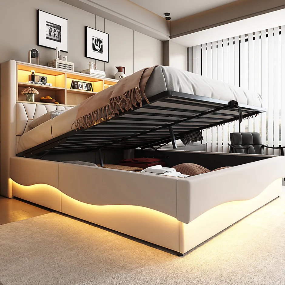 Blackcolors Lit 180x200cm, LED app, USB, rangement hydraulique, sommier lattes, lin beige