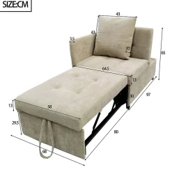 Redom Lit 177x68x65 cm convertible 3-en-1 en tissu lin beige, dossier 5 positions, idéal pour petits espaces Best