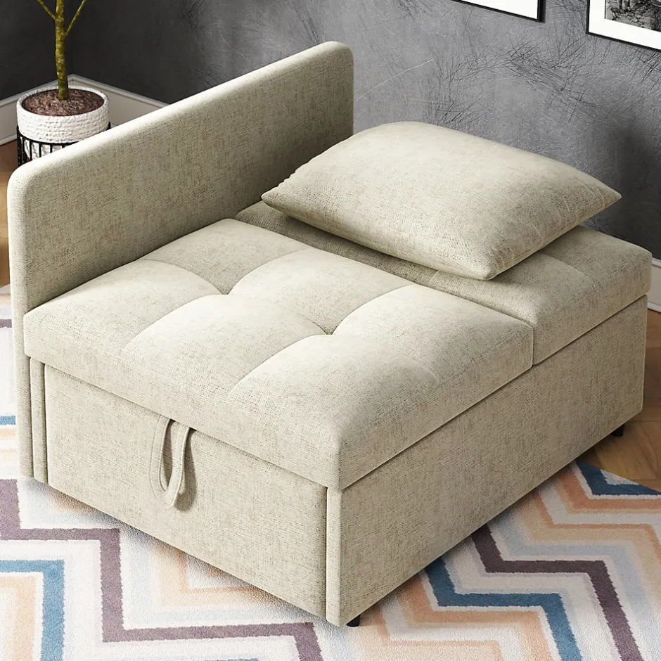Redom Lit 177x68x65 cm convertible 3-en-1 en tissu lin beige, dossier 5 positions, idéal pour petits espaces Best