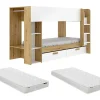 Vente-unique Lits superposés 2 x 90 x 200 cm avec rangements et penderie - Blanc et naturel + Matelas - OSANA Best