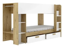 Vente-unique Lits superposés 2 x 90 x 200 cm avec rangements et penderie - Blanc et naturel + Matelas - OSANA Best