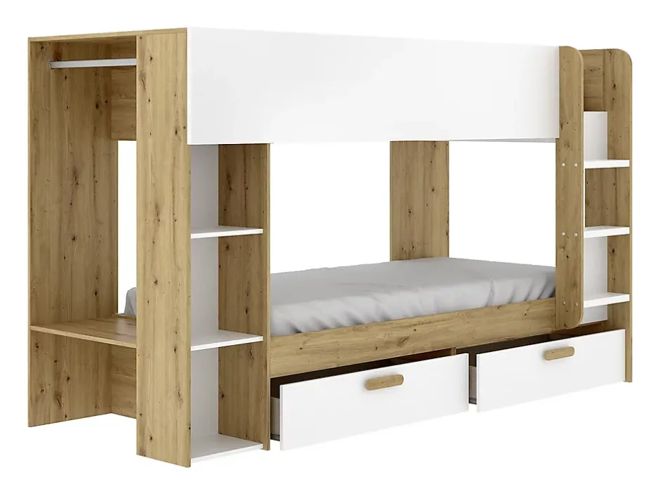 Vente-unique Lits superposés 2 x 90 x 200 cm avec rangements et penderie - Blanc et naturel + Matelas - OSANA Best