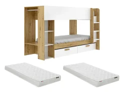 Vente-unique Lits superposés 2 x 90 x 200 cm avec rangements et penderie - Blanc et naturel + Matelas - OSANA Best