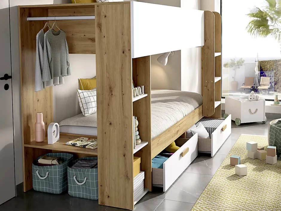 Vente-unique Lits superposés 2 x 90 x 200 cm avec rangements et penderie - Blanc et naturel + Matelas - OSANA Best