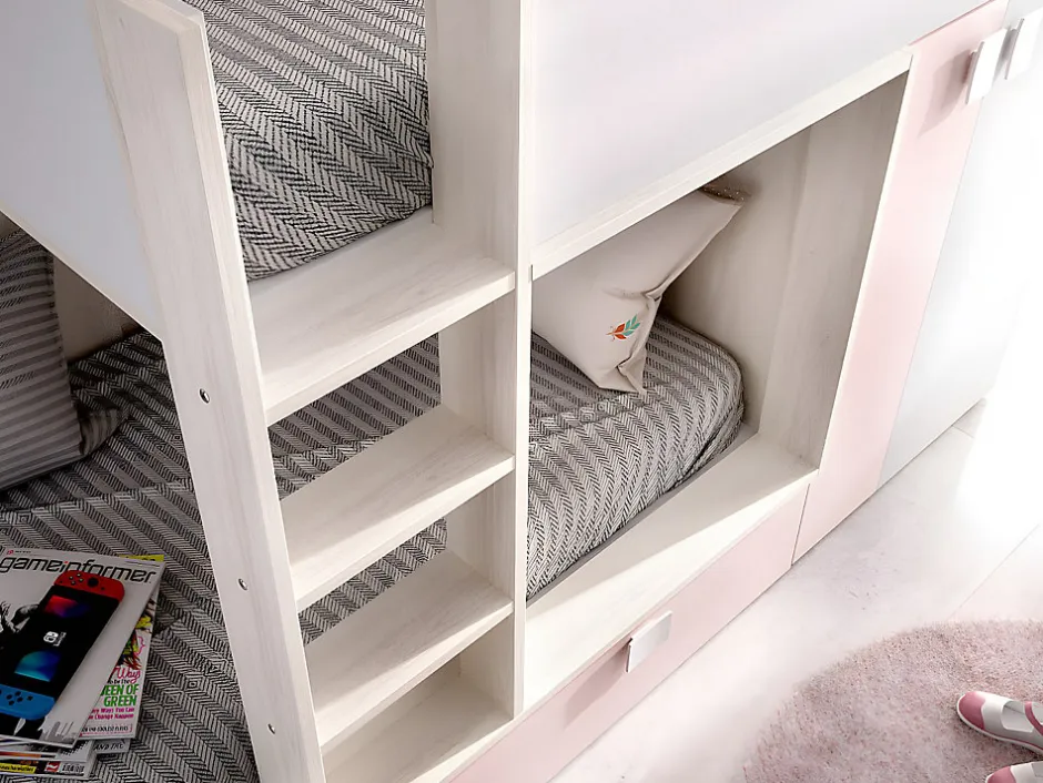 Vente-unique Lits Superposés 2 x 90 x 190 cm - Armoire intégrée - Blanc, naturel et rose - JUANITO Online