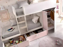 Vente-unique Lits Superposés 2 x 90 x 190 cm - Armoire intégrée - Blanc, naturel et rose - JUANITO Online