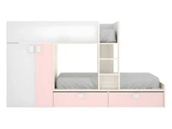 Vente-unique Lits Superposés 2 x 90 x 190 cm - Armoire intégrée - Blanc, naturel et rose - JUANITO Online