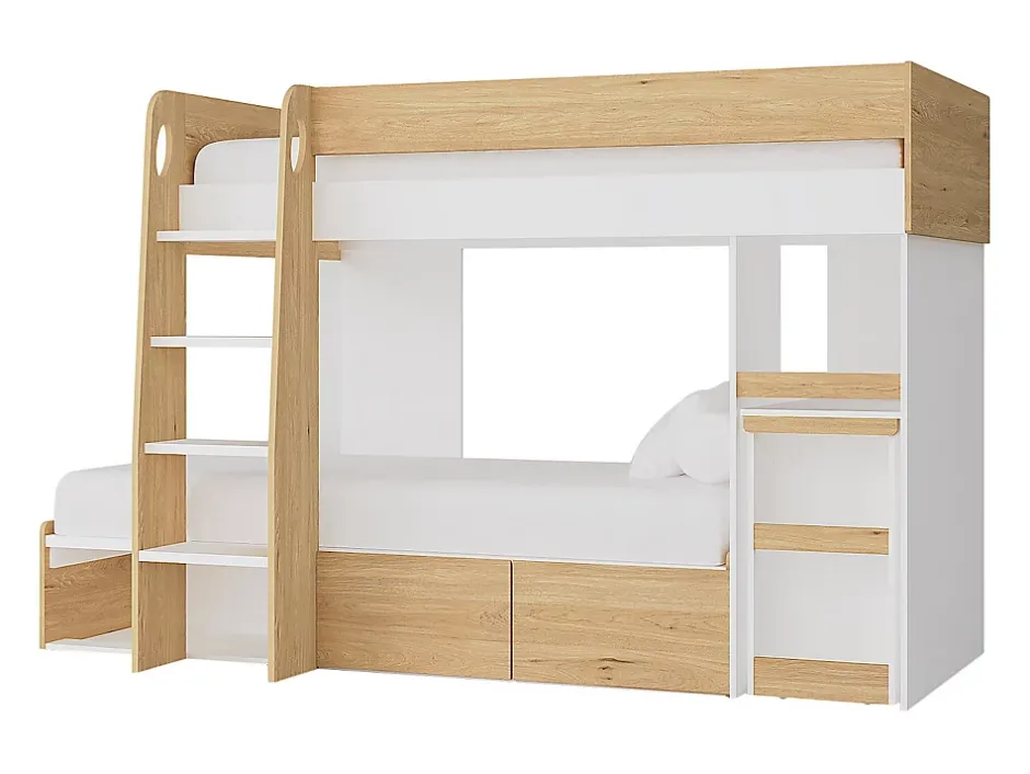Vente-unique Lits superposés 2 x 90 x 190 cm avec bureau et rangements - Coloris : Naturel et blanc - LOMIDEN New