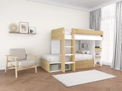 Vente-unique Lits superposés 2 x 90 x 190 cm avec bureau et rangements - Coloris : Naturel et blanc - LOMIDEN New