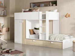 Vente-unique Lits Superposés 2 x 90 x 190 cm - Armoire intégrée - Blanc et naturel - JUANITO Outlet
