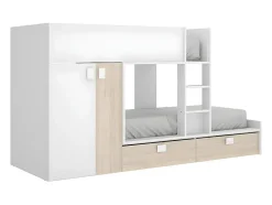 Vente-unique Lits Superposés 2 x 90 x 190 cm - Armoire intégrée - Blanc et naturel - JUANITO Outlet