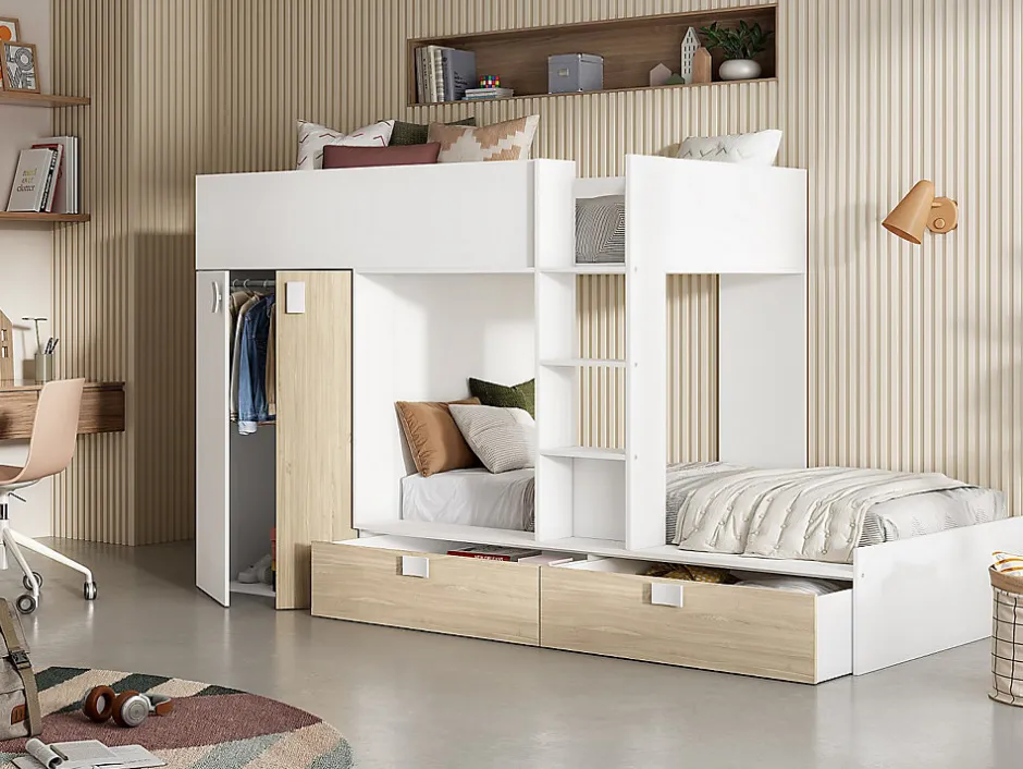 Vente-unique Lits Superposés 2 x 90 x 190 cm - Armoire intégrée - Blanc et naturel - JUANITO Outlet