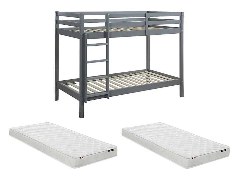 Vente-unique Lits superposés ANICET II - 2 x 90 x 190cm - Pin Massif - Gris + matelas Discount