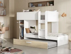 Vente-unique Lits superposés avec tiroir lit gigogne et rangements 3 x 90 x 190 cm - Blanc et Naturel + matelas - ANTHONY