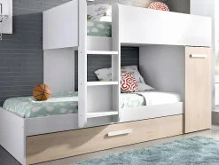 Vente-unique Lits superposés avec tiroir lit gigogne et rangements 3 x 90 x 190 cm - Blanc et Naturel + matelas - ANTHONY