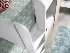 Vente-unique Lits superposés avec tiroir lit gigogne et rangements 3 x 90 x 190 cm - Blanc et Naturel + matelas - ANTHONY