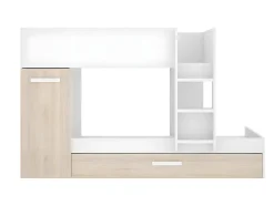 Vente-unique Lits superposés avec tiroir lit gigogne et rangements 3 x 90 x 190 cm - Blanc et Naturel + matelas - ANTHONY