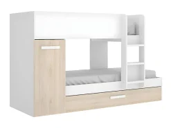 Vente-unique Lits superposés avec tiroir lit gigogne et rangements 3 x 90 x 190 cm - Blanc et Naturel + matelas - ANTHONY