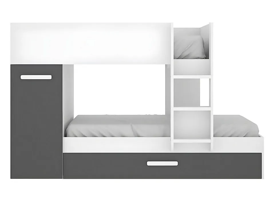 Vente-unique Lits superposés avec tiroir lit gigogne et rangements 3 x 90 x 190 cm - Anthracite et Blanc + matelas - ANTHONY Clearance