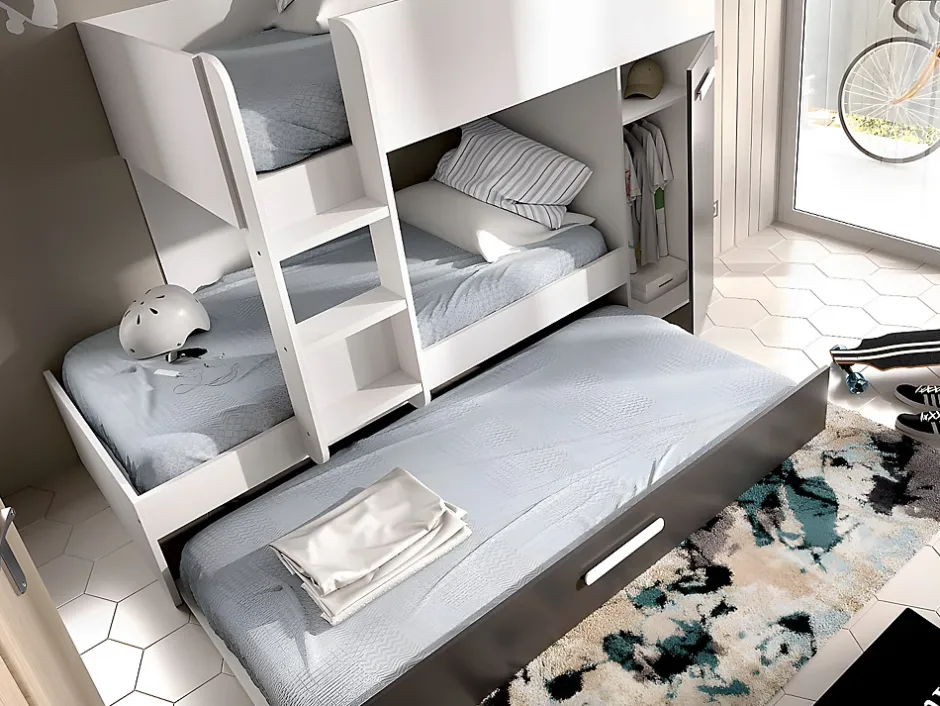Vente-unique Lits superposés avec tiroir lit gigogne et rangements 3 x 90 x 190 cm - Anthracite et Blanc + matelas - ANTHONY Clearance