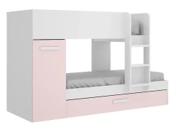 Vente-unique Lits superposés avec tiroir lit gigogne et rangements 3 x 90 x 190 cm - Blanc et rose + matelas - ANTHONY Best