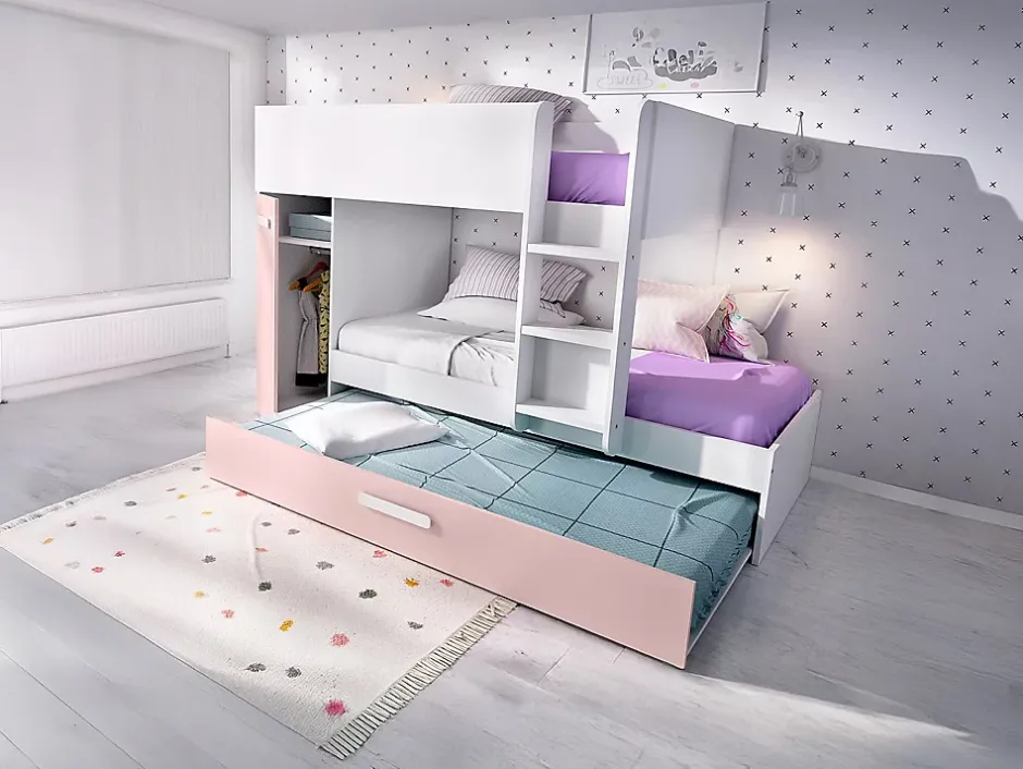 Vente-unique Lits superposés avec tiroir lit gigogne et rangements 3 x 90 x 190 cm - Blanc et rose - ANTHONY Clearance