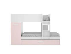 Vente-unique Lits superposés avec tiroir lit gigogne et rangements 3 x 90 x 190 cm - Blanc et rose - ANTHONY Clearance