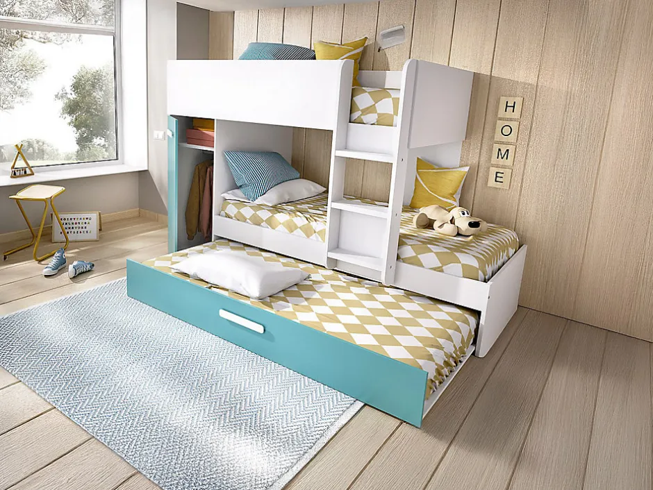 Vente-unique Lits superposés avec tiroir lit gigogne et rangements 3 x 90 x 190 cm - Blanc et bleu - ANTHONY Clearance