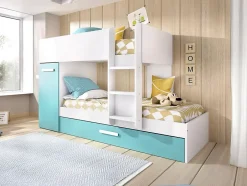 Vente-unique Lits superposés avec tiroir lit gigogne et rangements 3 x 90 x 190 cm - Blanc et bleu - ANTHONY Clearance