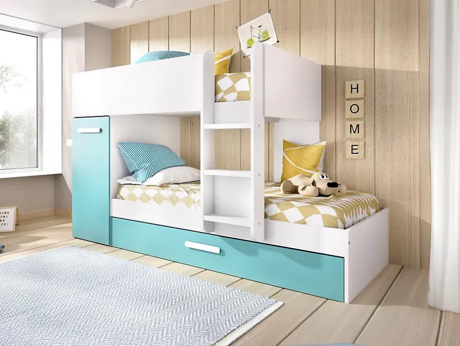 Vente-unique Lits superposés avec tiroir lit gigogne et rangements 3 x 90 x 190 cm - Blanc et bleu - ANTHONY Clearance