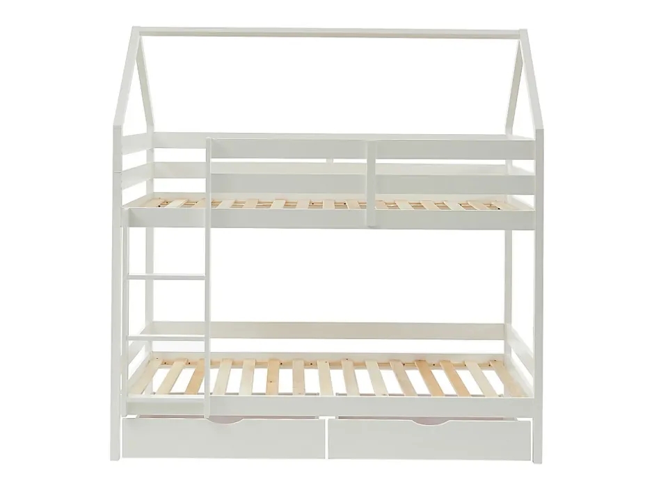 Vente-unique Lits superposés cabane 2 x 90 x 190 cm - 2 tiroirs - Pin - Blanc - CHORI Discount