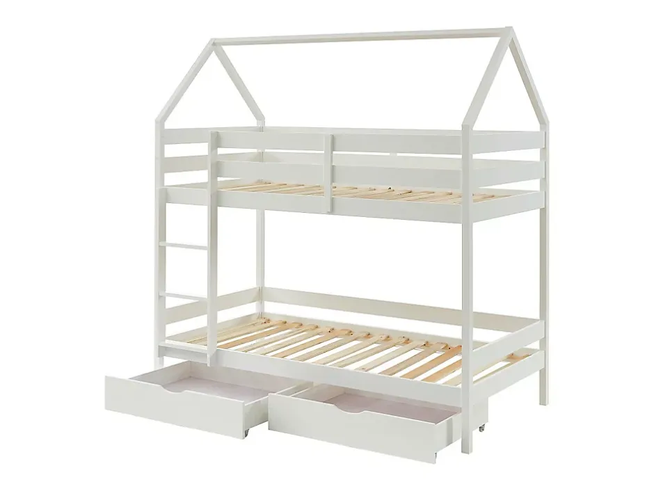 Vente-unique Lits superposés cabane 2 x 90 x 190 cm - 2 tiroirs - Pin - Blanc - CHORI Discount