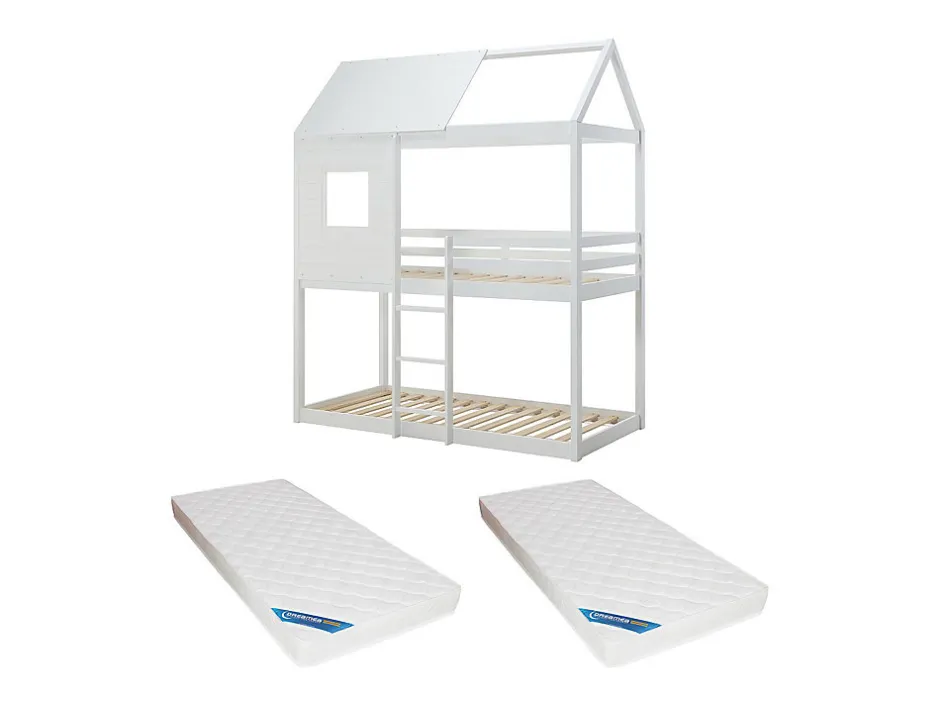 Enfant Vente-unique Lits superposés cabane 2 x 90 x 190 cm - Pin et MDF - Blanc + Matelas - LIDOVARA
