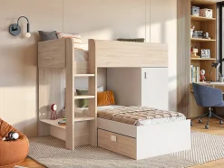 Vente-unique Lits superposés d'angle réversibles RICARDO - 2 x 90 x 190 cm - Rangements intégrés - Chêne et blanc