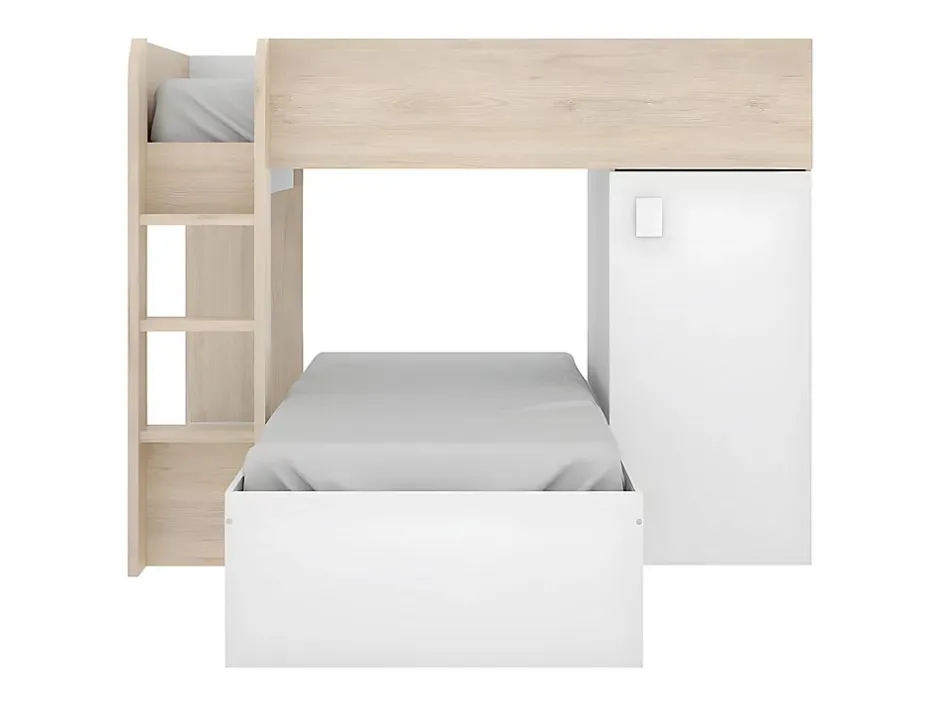 Vente-unique Lits superposés d'angle réversibles RICARDO - 2 x 90 x 190 cm - Rangements intégrés - Chêne et blanc