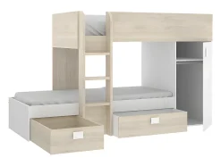 Vente-unique Lits superposés d'angle réversibles RICARDO - 2 x 90 x 190 cm - Rangements intégrés - Chêne et blanc