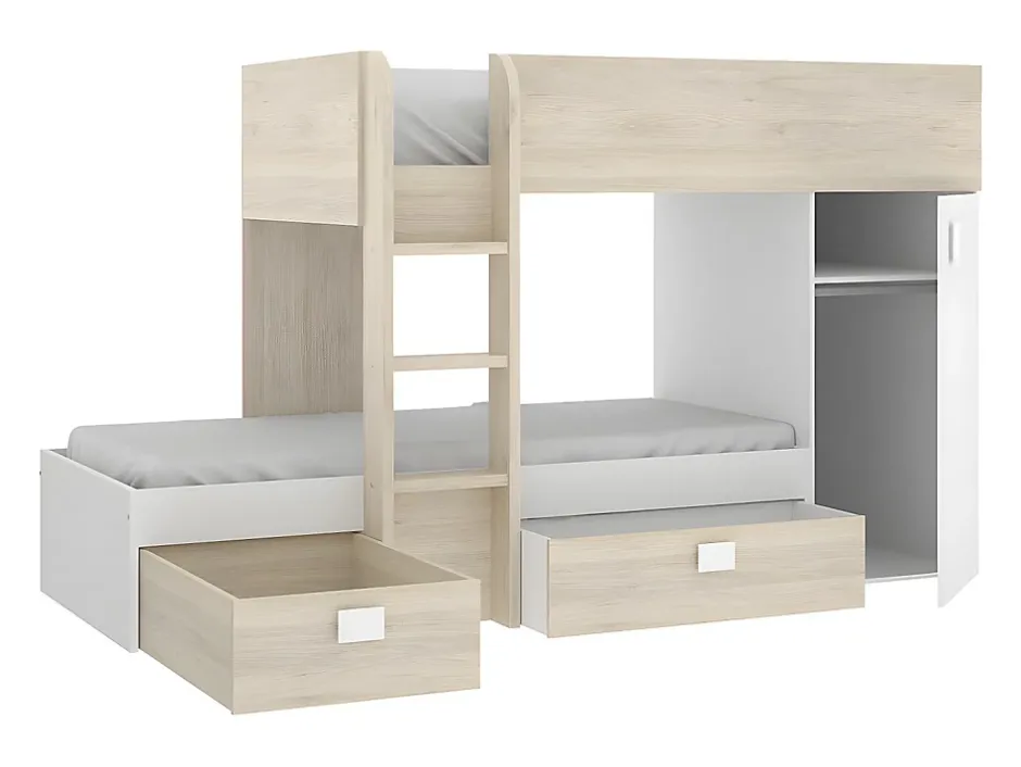 Vente-unique Lits superposés d'angle réversibles RICARDO - 2 x 90 x 190 cm - Rangements intégrés - Chêne et blanc