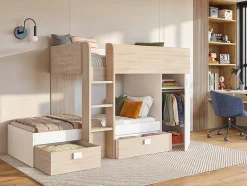 Vente-unique Lits superposés d'angle réversibles RICARDO - 2 x 90 x 190 cm - Rangements intégrés - Chêne et blanc