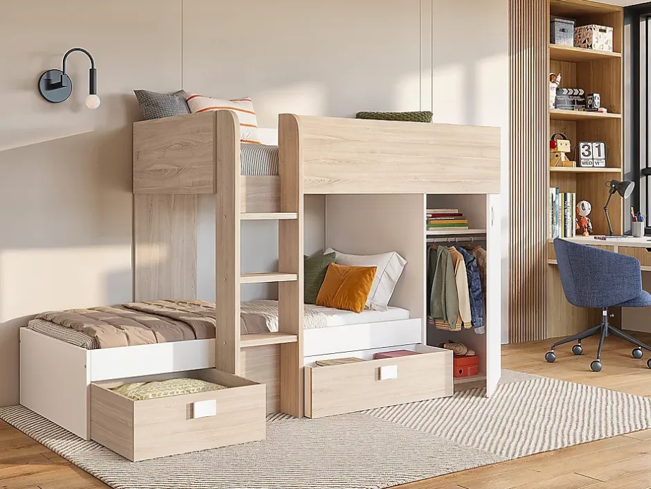 Vente-unique Lits superposés d'angle réversibles RICARDO - 2 x 90 x 190 cm - Rangements intégrés - Chêne et blanc