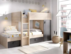 Enfant Vente-unique Lits superposés d'angle réversibles RICARDO - 2 x 90 x 190 cm - Rangements intégrés - Chêne et anthracite