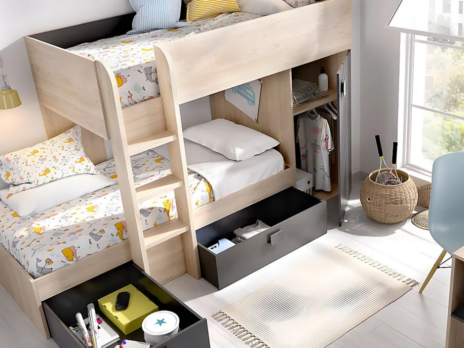 Enfant Vente-unique Lits superposés d'angle réversibles RICARDO - 2 x 90 x 190 cm - Rangements intégrés - Chêne et anthracite