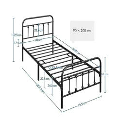 Nature Pro Lot 2 Cadres de Lit Simple 90x200cm Métal Noir + Sommiers à Lattes Design Moderne Chambre New