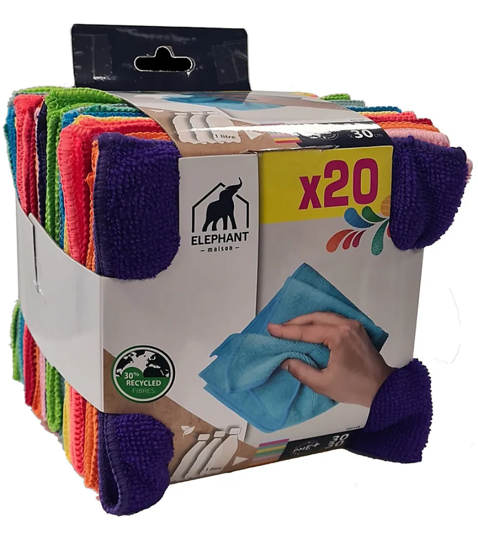 Elephant Lot 20 lavettes microfibre Eléphant l.30 x L.30cm multicolore