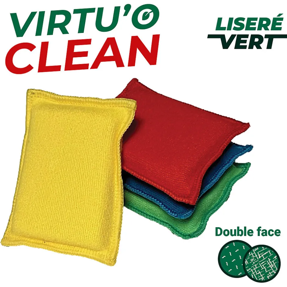 Passat Lot 4 éponges en microfibre recyclée double-face Virtu'O Clean Liseré Vert - jaune, bleu, vert, rouge L.16 x l.10 cm Clearance