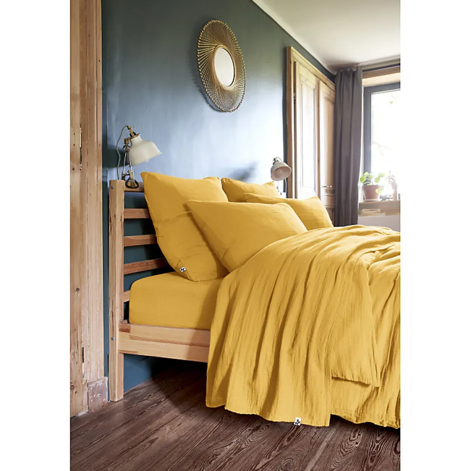 Meubletmoi Lot 2 taies d'oreillers 60x60 cm double gaze de coton jaune - PEPA 1