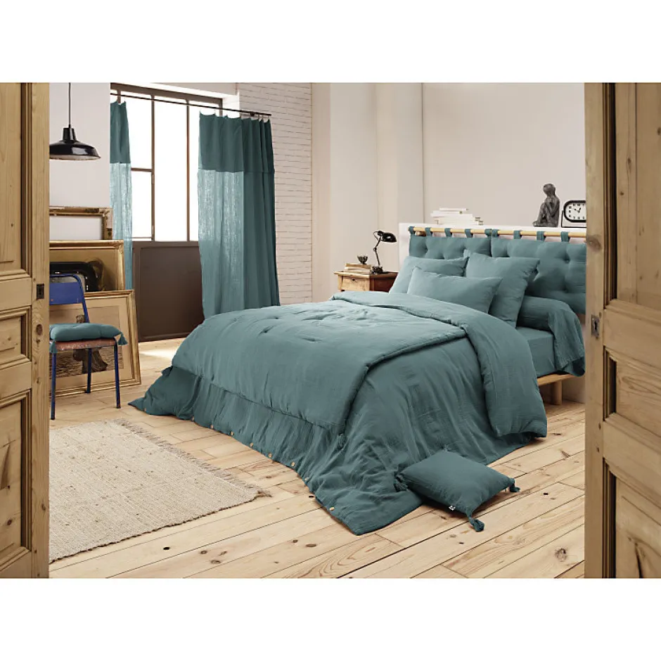 Meubletmoi Lot 2 taies oreillers 60x60 double gaze de coton bleu canard - PEPA 1