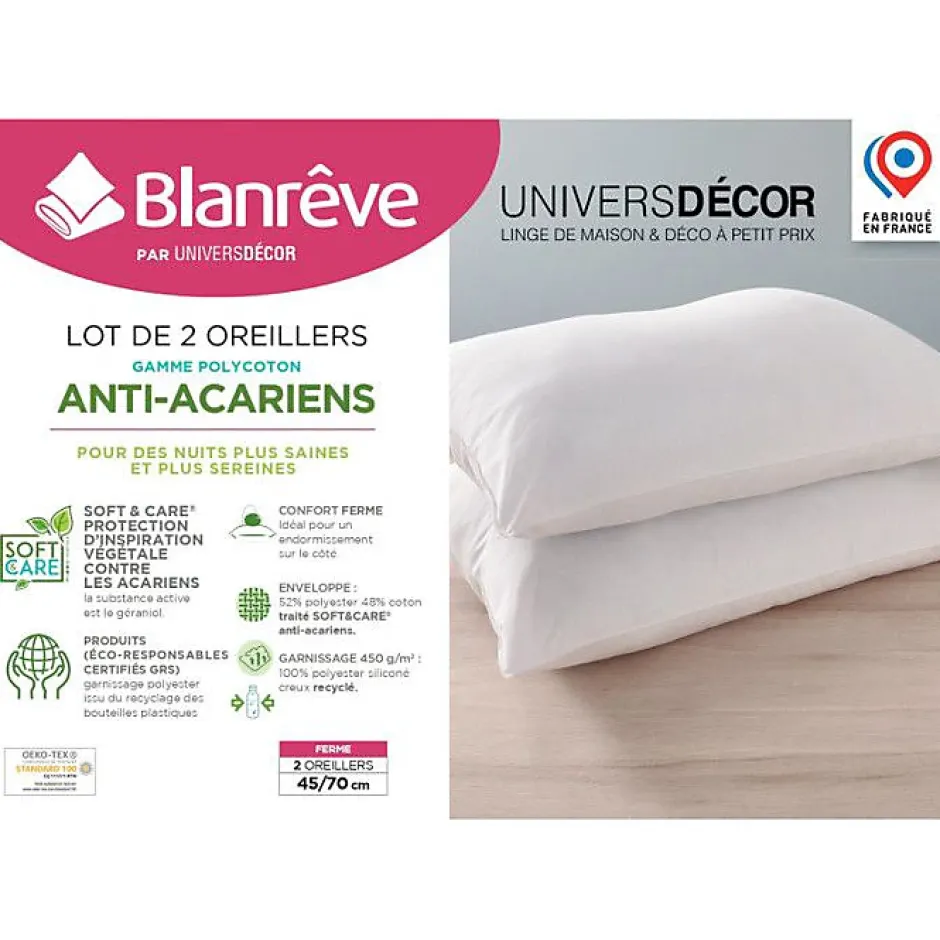 Blanreve Lot de 2 oreillers 45 x 70 cm Blanrêve Gamme "Confort" traité Anti Acarien Soft & care Online